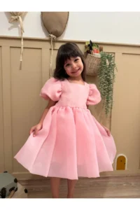 penu baby kids Pink Square Collar Balloon Sleeve Karolin Fabric Bow Detailed Lined Baby Girl Dress - Image 4