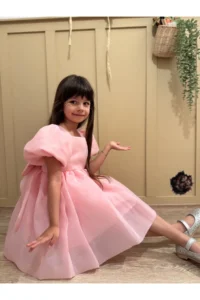penu baby kids Pink Square Collar Balloon Sleeve Karolin Fabric Bow Detailed Lined Baby Girl Dress - Image 5
