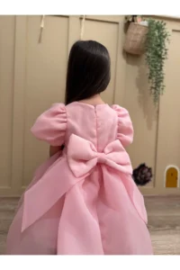 penu baby kids Pink Square Collar Balloon Sleeve Karolin Fabric Bow Detailed Lined Baby Girl Dress - Image 6