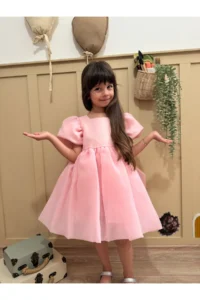 penu baby kids Pink Square Collar Balloon Sleeve Karolin Fabric Bow Detailed Lined Baby Girl Dress - Image 7