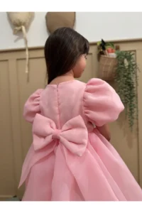 penu baby kids Pink Square Collar Balloon Sleeve Karolin Fabric Bow Detailed Lined Baby Girl Dress - Image 8