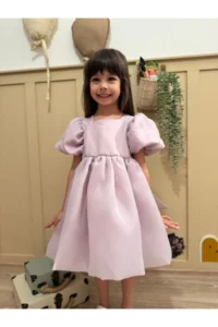 penu baby kids Lilac Square Collar Balloon Sleeve Karolin Fabric Bow Detailed Lined Baby Girl Dress - Image 2