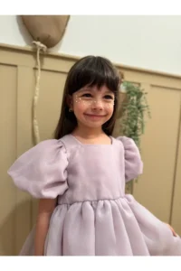 penu baby kids Lilac Square Collar Balloon Sleeve Karolin Fabric Bow Detailed Lined Baby Girl Dress - Image 3