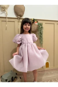 penu baby kids Lilac Square Collar Balloon Sleeve Karolin Fabric Bow Detailed Lined Baby Girl Dress - Image 4