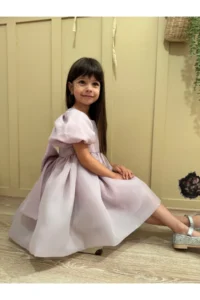 penu baby kids Lilac Square Collar Balloon Sleeve Karolin Fabric Bow Detailed Lined Baby Girl Dress - Image 5