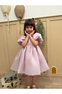 penu baby kids Lilac Square Collar Balloon Sleeve Karolin Fabric Bow Detailed Lined Baby Girl Dress - Image 6