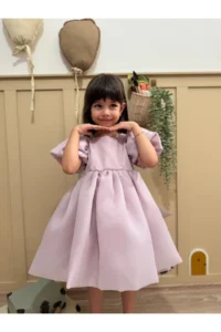 penu baby kids Lilac Square Collar Balloon Sleeve Karolin Fabric Bow Detailed Lined Baby Girl Dress - Image 7