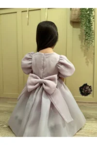 penu baby kids Lilac Square Collar Balloon Sleeve Karolin Fabric Bow Detailed Lined Baby Girl Dress - Image 8