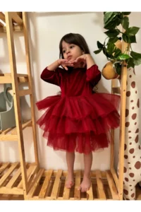 penu baby kids Burgundy Velvet Fabric Skirt Layered Baby Girl Dress