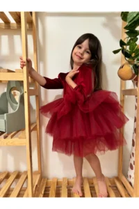 penu baby kids Burgundy Velvet Fabric Skirt Layered Baby Girl Dress - Image 2