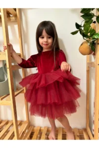 penu baby kids Burgundy Velvet Fabric Skirt Layered Baby Girl Dress - Image 3