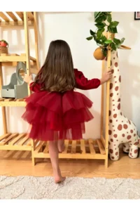 penu baby kids Burgundy Velvet Fabric Skirt Layered Baby Girl Dress - Image 4