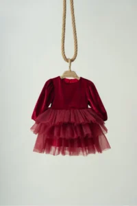 penu baby kids Burgundy Velvet Fabric Skirt Layered Baby Girl Dress - Image 5