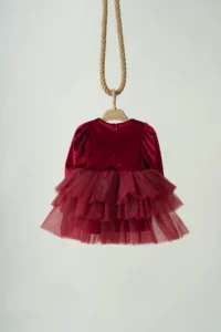 penu baby kids Burgundy Velvet Fabric Skirt Layered Baby Girl Dress - Image 6