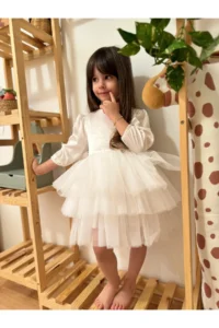 penu baby kids Ecru Velvet Fabric Skirt Layered Birthday Wedding Party Special Day Winter Girl Baby Girl Dress