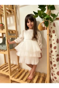 penu baby kids Ecru Velvet Fabric Skirt Layered Birthday Wedding Party Special Day Winter Girl Baby Girl Dress - Image 2