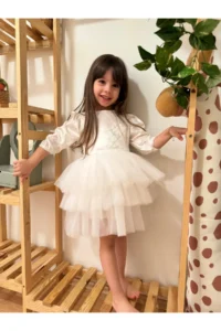 penu baby kids Ecru Velvet Fabric Skirt Layered Birthday Wedding Party Special Day Winter Girl Baby Girl Dress - Image 3