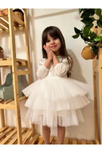 penu baby kids Ecru Velvet Fabric Skirt Layered Birthday Wedding Party Special Day Winter Girl Baby Girl Dress - Image 4
