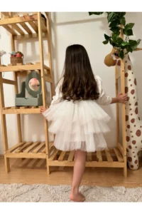penu baby kids Ecru Velvet Fabric Skirt Layered Birthday Wedding Party Special Day Winter Girl Baby Girl Dress - Image 5