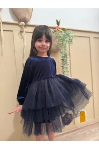 penu baby kids Navy Blue Velvet Fabric Skirt Layered Baby Girl Dress - Image 2