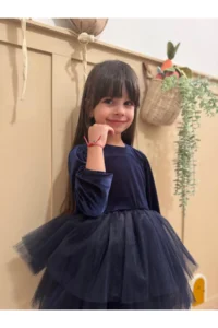 penu baby kids Navy Blue Velvet Fabric Skirt Layered Baby Girl Dress - Image 3