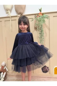 penu baby kids Navy Blue Velvet Fabric Skirt Layered Baby Girl Dress - Image 4
