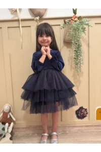 penu baby kids Navy Blue Velvet Fabric Skirt Layered Baby Girl Dress - Image 5
