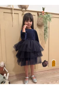 penu baby kids Navy Blue Velvet Fabric Skirt Layered Baby Girl Dress - Image 6