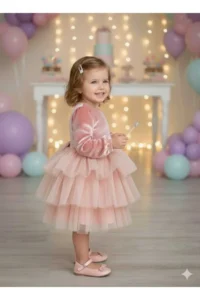 penu baby kids Pink Velvet Fabric Skirt Layered Baby Girl Dress