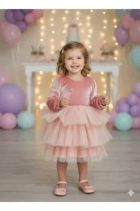 penu baby kids Pink Velvet Fabric Skirt Layered Baby Girl Dress - Image 2