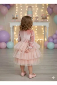 penu baby kids Pink Velvet Fabric Skirt Layered Baby Girl Dress - Image 4