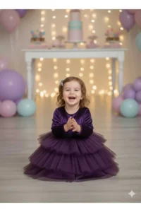 penu baby kids Purple Velvet Fabric Skirt Layered Baby Girl Dress - Image 2