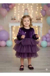 penu baby kids Purple Velvet Fabric Skirt Layered Baby Girl Dress - Image 3