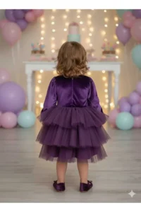 penu baby kids Purple Velvet Fabric Skirt Layered Baby Girl Dress - Image 4