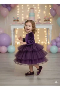 penu baby kids Purple Velvet Fabric Skirt Layered Baby Girl Dress - Image 5