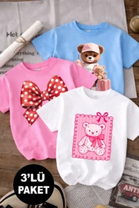 twins tailors Teddy Bear And Red Ribbon Printed 3-Pack White-Blue-Pink Girls' T-Shirts