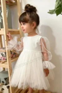 penu baby kids Ecru Glittering Fabric Frilled Sleeve End Tulle Skirt Long Tulle Sleeve Baby Girl Dress
