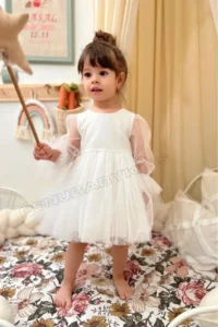 penu baby kids Ecru Glittering Fabric Frilled Sleeve End Tulle Skirt Long Tulle Sleeve Baby Girl Dress - Image 2