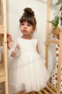 penu baby kids Ecru Glittering Fabric Frilled Sleeve End Tulle Skirt Long Tulle Sleeve Baby Girl Dress - Image 3
