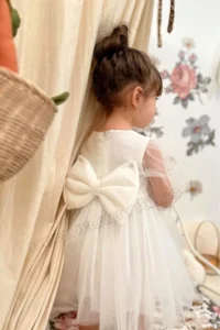 penu baby kids Ecru Glittering Fabric Frilled Sleeve End Tulle Skirt Long Tulle Sleeve Baby Girl Dress - Image 4