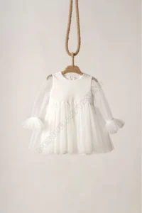 penu baby kids Ecru Glittering Fabric Frilled Sleeve End Tulle Skirt Long Tulle Sleeve Baby Girl Dress - Image 5