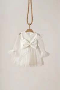 penu baby kids Ecru Glittering Fabric Frilled Sleeve End Tulle Skirt Long Tulle Sleeve Baby Girl Dress - Image 6