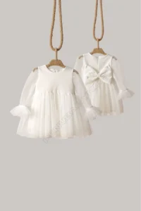 penu baby kids Ecru Glittering Fabric Frilled Sleeve End Tulle Skirt Long Tulle Sleeve Baby Girl Dress - Image 7
