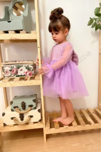 penu baby kids Lilac Shimmering Fabric Frilly Sleeve End Tulle Skirt Long Tulle Sleeve Baby Girl Dress