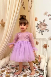 penu baby kids Lilac Shimmering Fabric Frilly Sleeve End Tulle Skirt Long Tulle Sleeve Baby Girl Dress - Image 2