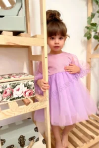 penu baby kids Lilac Shimmering Fabric Frilly Sleeve End Tulle Skirt Long Tulle Sleeve Baby Girl Dress - Image 3
