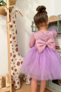 penu baby kids Lilac Shimmering Fabric Frilly Sleeve End Tulle Skirt Long Tulle Sleeve Baby Girl Dress - Image 4