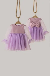 penu baby kids Lilac Shimmering Fabric Frilly Sleeve End Tulle Skirt Long Tulle Sleeve Baby Girl Dress - Image 5