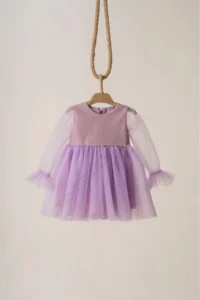 penu baby kids Lilac Shimmering Fabric Frilly Sleeve End Tulle Skirt Long Tulle Sleeve Baby Girl Dress - Image 6