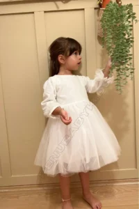 penu baby kids Ecru Shimmer Fabric Bottom Tulle Skirt Cotton Lined Bow Long Sleeve Baby Girl Dress - Image 3